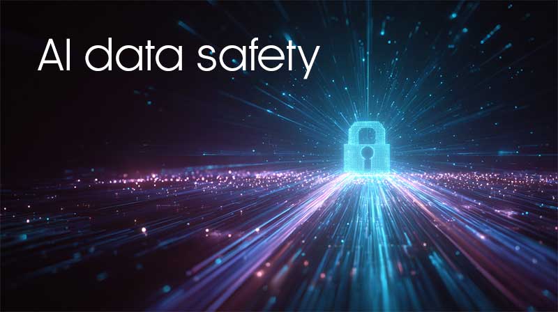 A futuristic background with a digital padlock (imaginitive, huh!) and the words 'AI data safety'