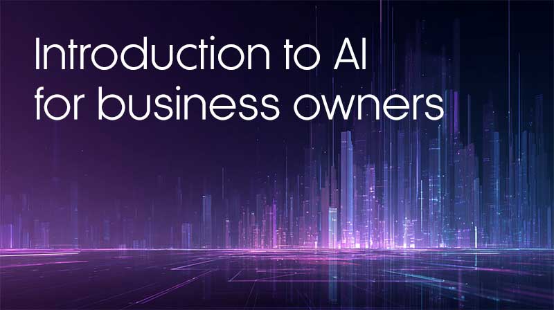 A futuristic background of a digital, glowing city with the words 'Introduction to AI for business owners'