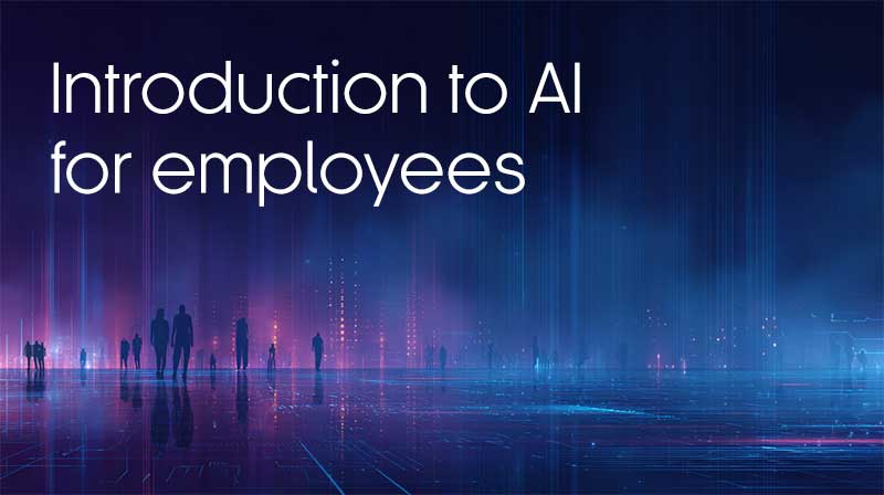 A futuristic background with the silhouette of people in the distance and the words 'Introduction to AI for employees'