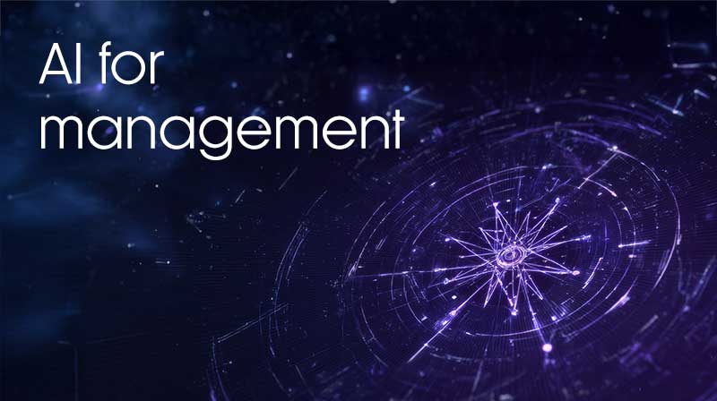 A futuristic background with an abstract navigation compass and the words 'AI for management'